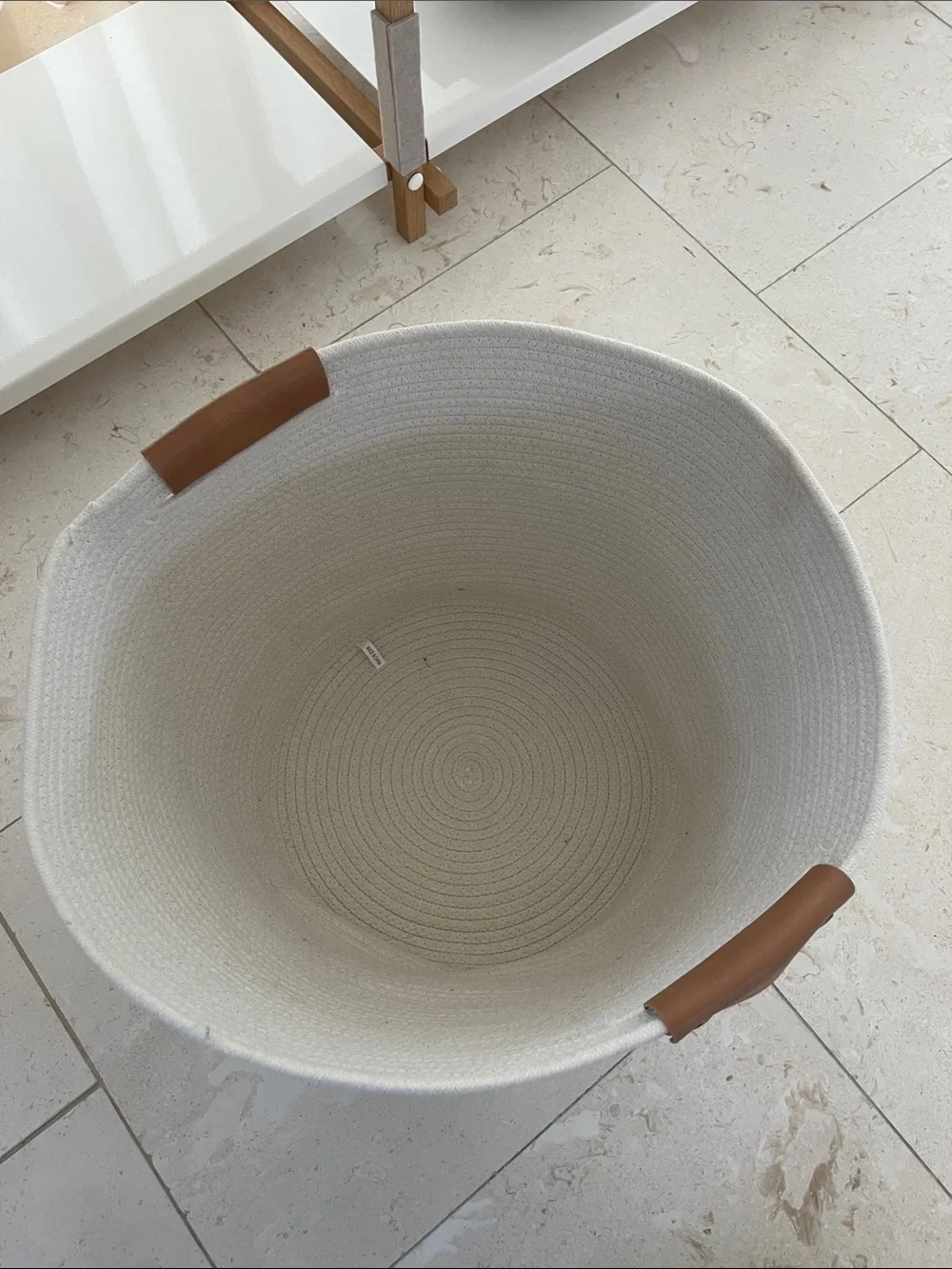Home Accents white Rope Basket with Brown Leather Handles